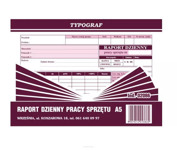 Raport Dzienny Pracy Sprzętu A5 Typograf 02086