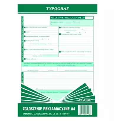 Zgłoszenie Reklamacyjne A4 Typograf 01118