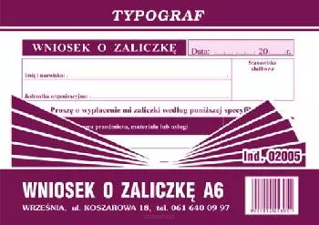 Wniosek o zaliczkę A6 Typograf